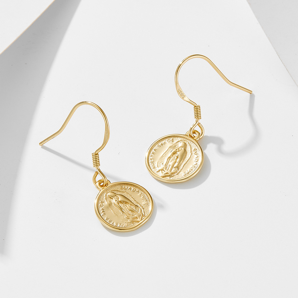 925 Sterling Silver Circle Coin for Women, INS Style, Vintage Round Medal Virgin Mary Relief Portrait Earrings