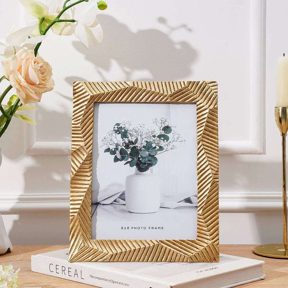 1PC, resin material geometric multi-faceted golden frame, festive home desktop decoration photo frame ornament S260205