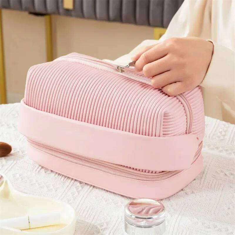 Butter toast cosmetic PU pleated toiletry travel portable storage bag large capacity double layer handbag Y260206