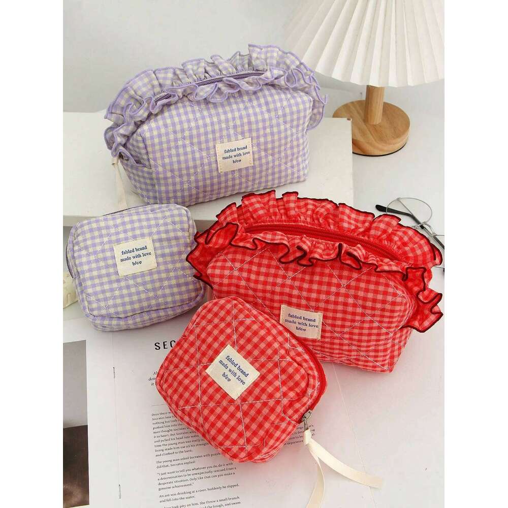 1pc/set Lace Plaid Quilted Multifunctional Portable Travel Storage Bag, Cute Ruffle Makeup Bag Y260206