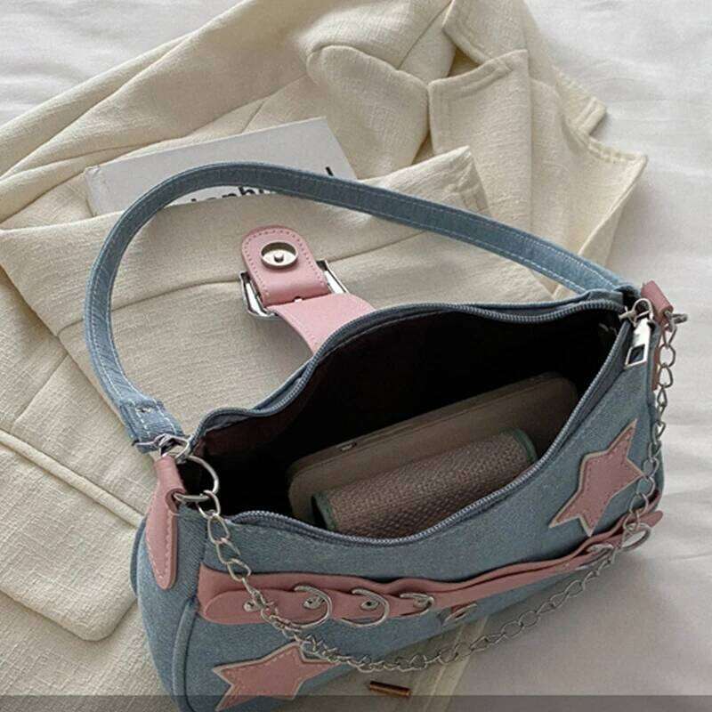 Fashion Women's Handbags Denim Stars Pattern Cool Girls Underarm Female Small Shoulder Hobo Bags Chain Tote Bag Y260205