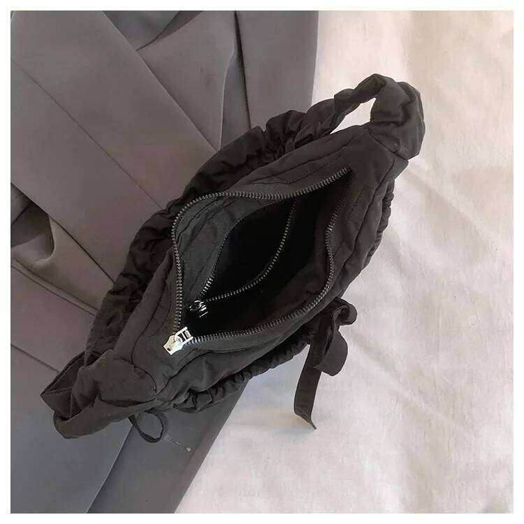 Pleated Strap Women's Sweet Bow Shoulder Bag Solid Color Female Underarm Bags Soft Nylon Ladies Portable Tote Purse Handbags Y260205