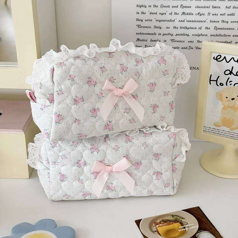 Pink Rose Sweetheart Storage Bag Aesthetic Cute Lace Trim Makeup Pouch Large Capacity Vintage Cosmetic Organizer Bags Y260206