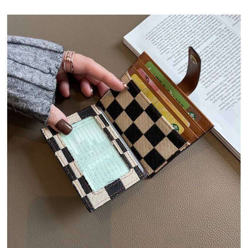 Delicate Vintage Grid Canvas Mini Card Holder Women Slim Multifunctional Driver License Pouch Y260206