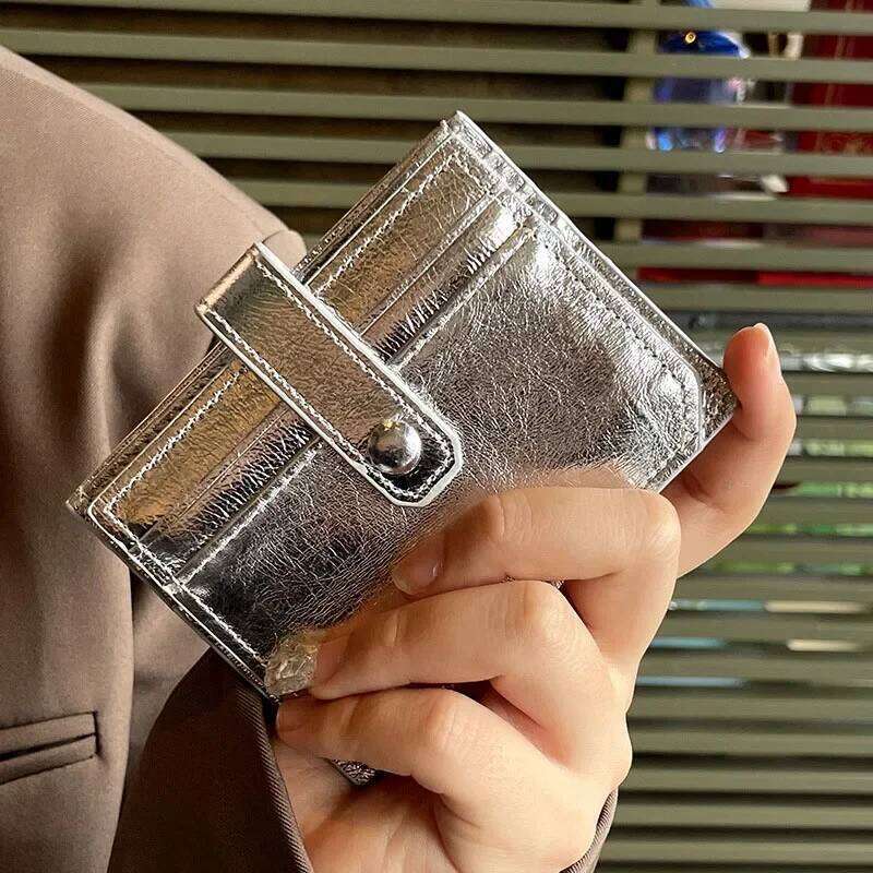 Credit ID Clip Handbag Clutch Bag Genuine Leather Short Wallet Korean Fashion Silver Cowhide Small Coin Purses Card Holder Y260206
