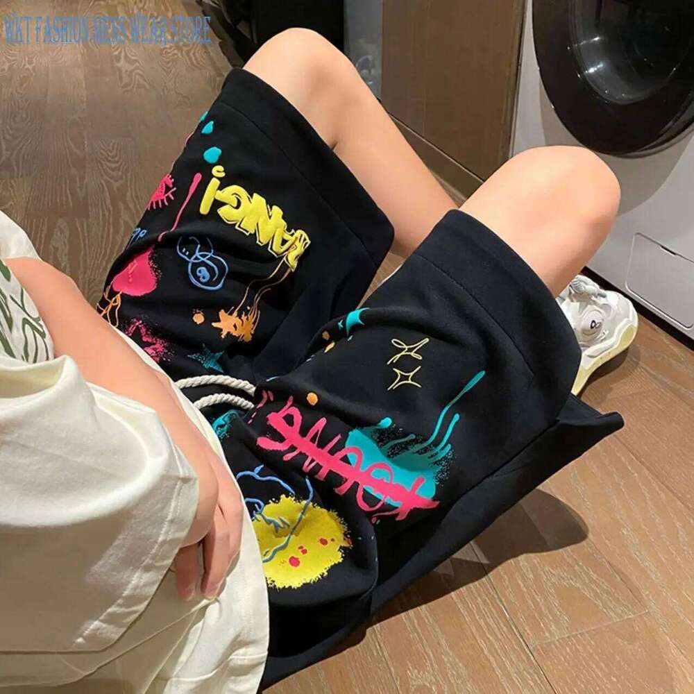 Graffiti Casual Shorts Men's Clothing Summer High Street Loose All-Matching Basketball Pants Knee Length Trousers Cotton XJ260206