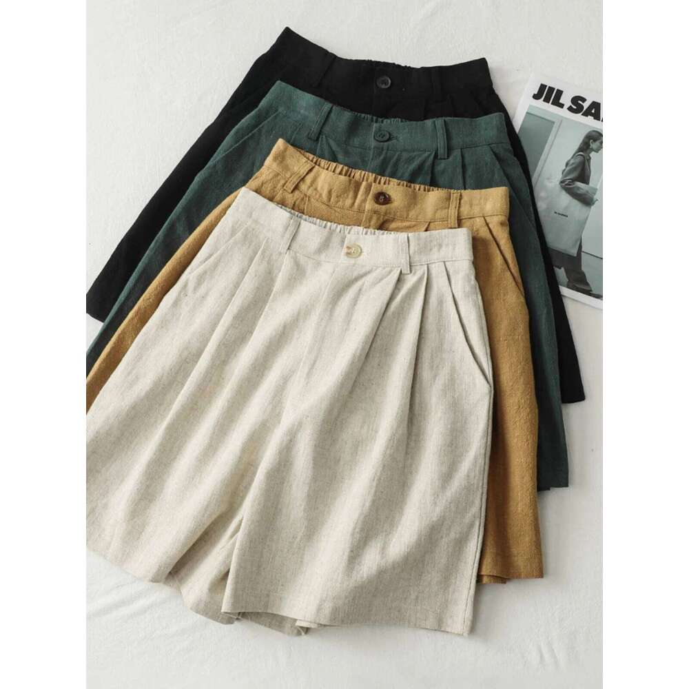 High Waist Cotton Linen orts Women's Casual Loose Straight Medium Five-Quarter Wide Leg Pants Retro Commute Sle XJ260206