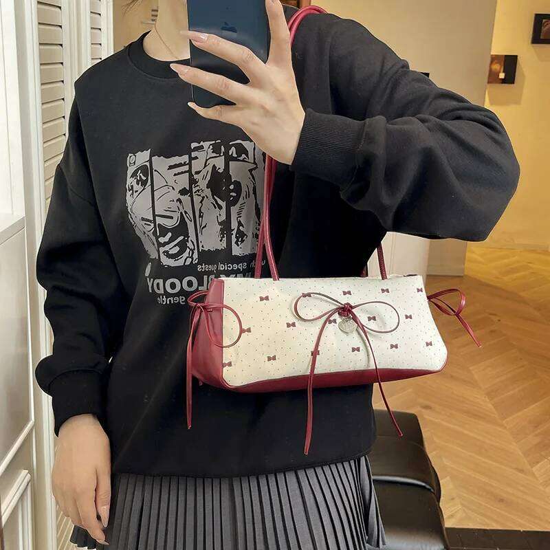 Women's Sweet Style High End Underarm Bow Print Commuter Fashionable Single Shoulder Handbag Trendy Cute Small Bag XJ260129