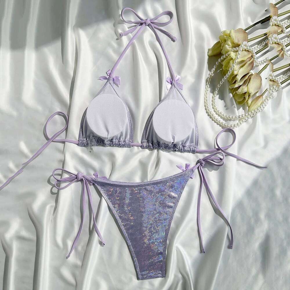 Purple Shiny Bow Swimwear Sexy String Halter Micro Bikini Thong Swimsuit Woman 2026 Bathing Suit Triangle Bikinis Sets De Mujer Z260206