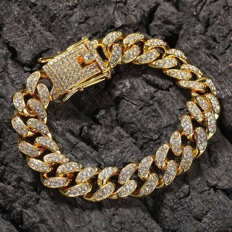 American luxury, high-quality metal Cuban chain, men's chain bracelet, 18K gold-plated, non fading, shiny zircon, party jewelry 26H0206