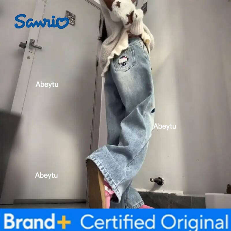 Sanrio Hello Kitty women's Embroidery Wide Leg Jeans Denim For Plus Size Retro Cartoon Style Slimming High Waist Trendy Fashion H260206