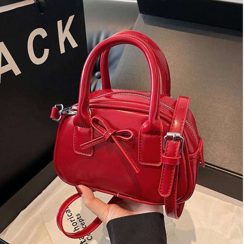 Korean Style Spring Summer Bow Accent Zipper Shoulder Bag 2025 New Fashion Versatile Crossbody Mini Red Top-Handle Bags Y260205