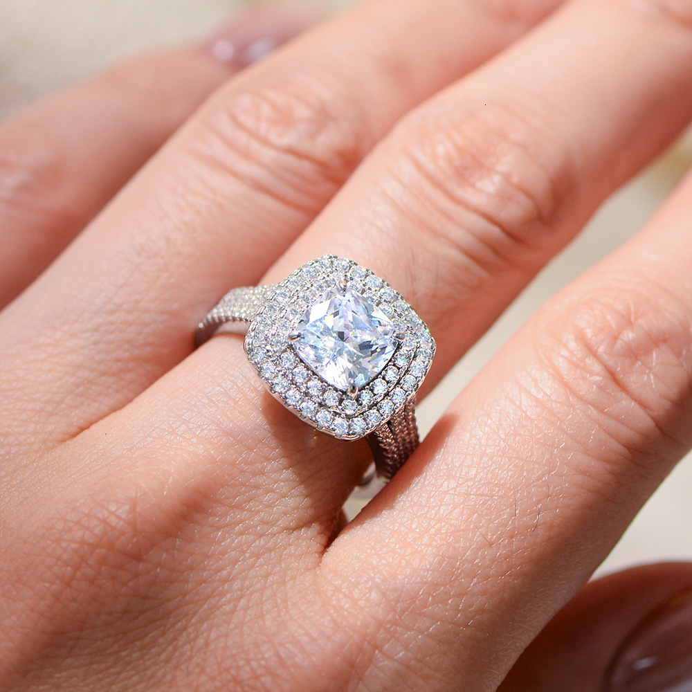 Classic Full Diamond Sterling Silver for Women Fashion Micro Pave Zirconia Light Luxury High-End Wedding Ring Jewelry