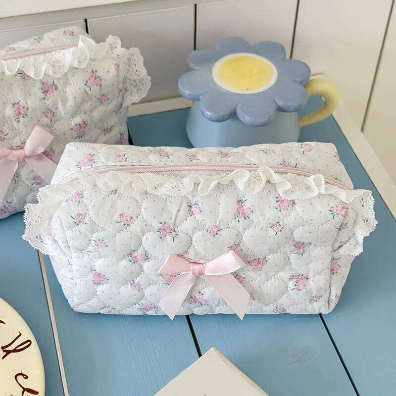 Pink Rose Sweetheart Storage Bag Aesthetic Cute Lace Trim Makeup Pouch Large Capacity Vintage Cosmetic Organizer Bags Y260206