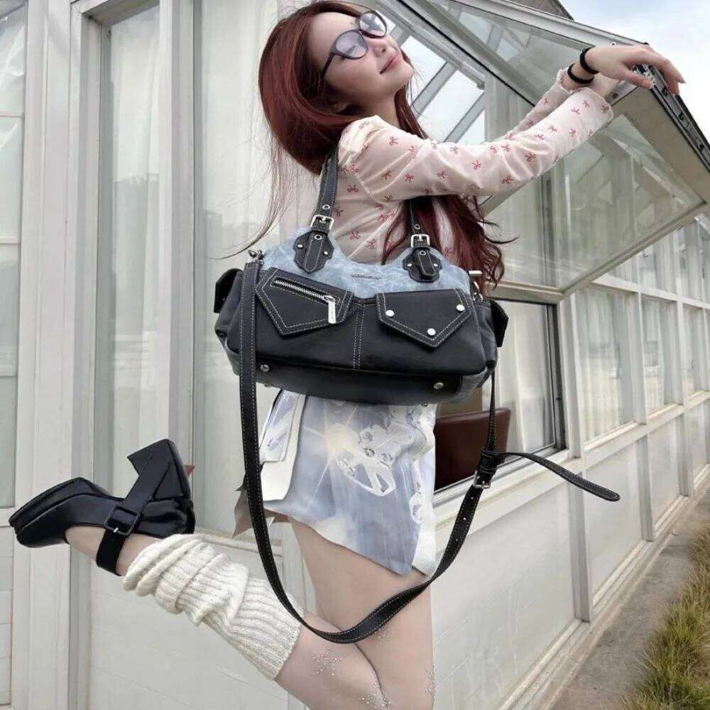 PU Women's Shoulder Crossed Color Large Capacity Crossbody Bag Casual Design with Denim Patchwork Armpit Handbag Travel Y260205