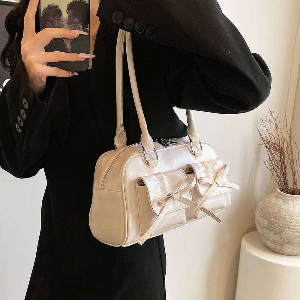 Women Stylish Underarm Double Pockets PU Leather Daily Commuting with Bow Simple Shopping Solid Color Chic Hobo Bag Y260205