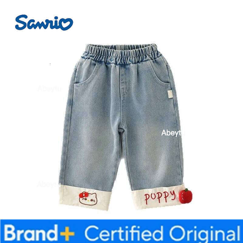 Sanrio Kids Girl Spring Autumn Denim Pants Elastic Waist Wide Leg Jeans with Cartoon Cat Embroidery 3D Apple Casual Trousers C3521 H260206