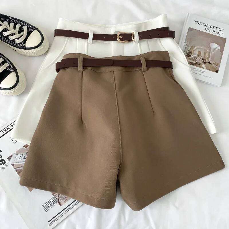 ITOOLIN Chic Slim Suit With Belted Casual High Waist A-line Office Shorts Vintage Women Straight Trousers Summer XJ260206