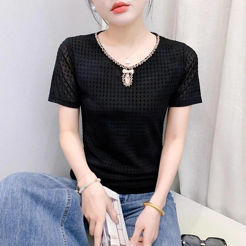 Women's T Shirts Women Round Neck Beaded Mesh T-Shirt Summer 2026 Short Sleeves Casual Clothing Female Fashion Hollowed Out Tees Tops