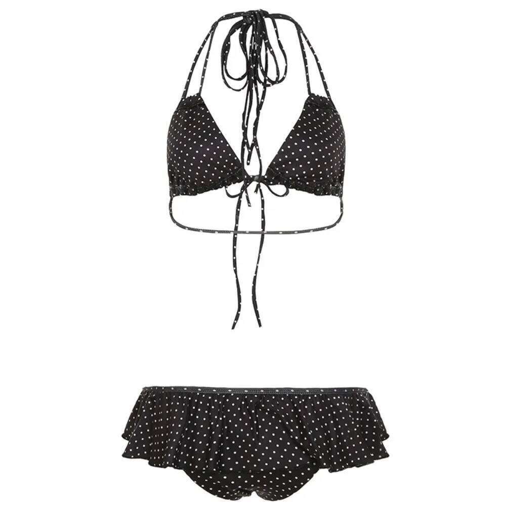 Sexy Ruffled Bikini Suit Lace Up Slim Fit Swimwear Set Deep-V Halter Neck Polka Dot Swimsuit Beach Z260206