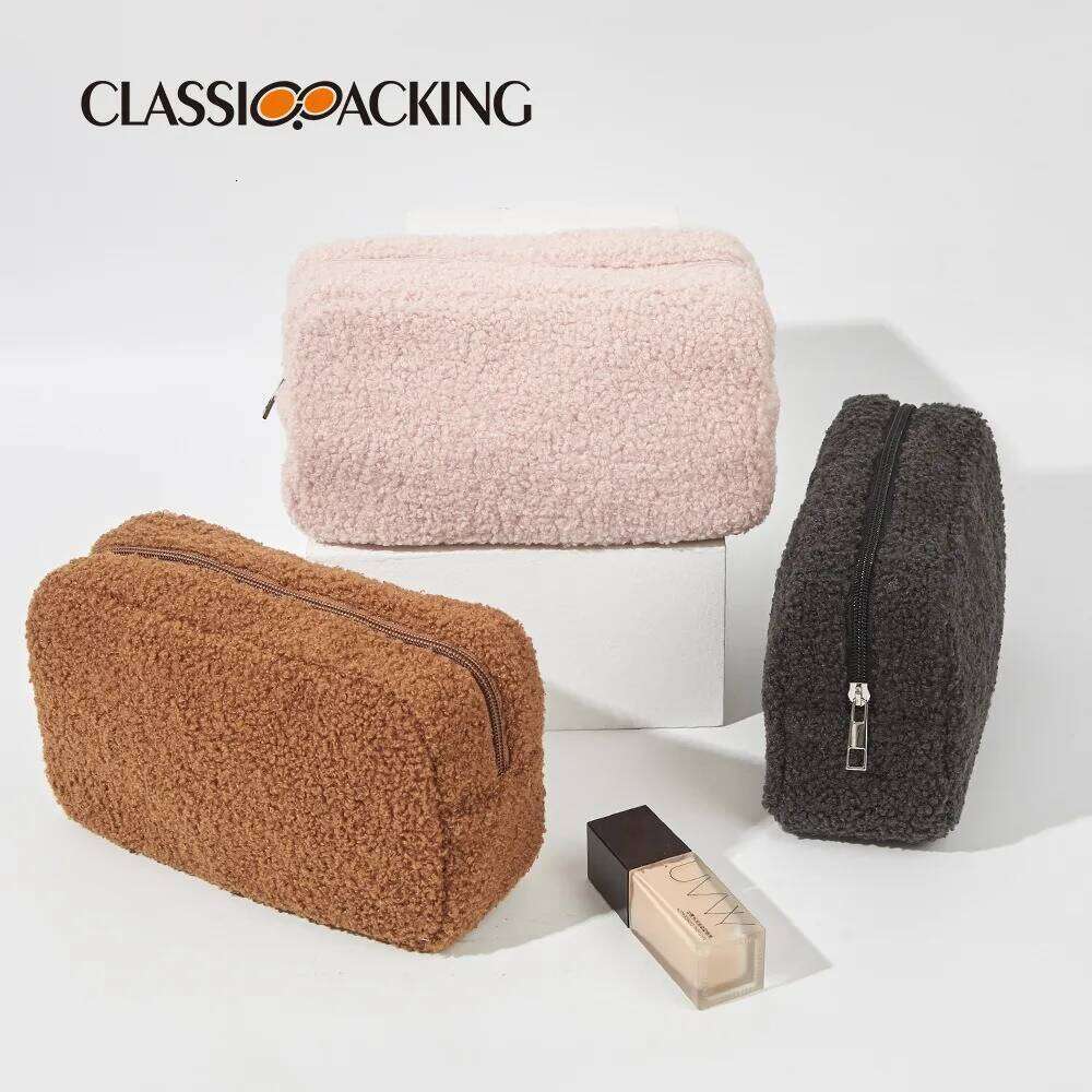 Autumn and Winter Solid Color Teddy Large Capacity Storage Travel Convenient Plush Simple Makeup Bag Y260206
