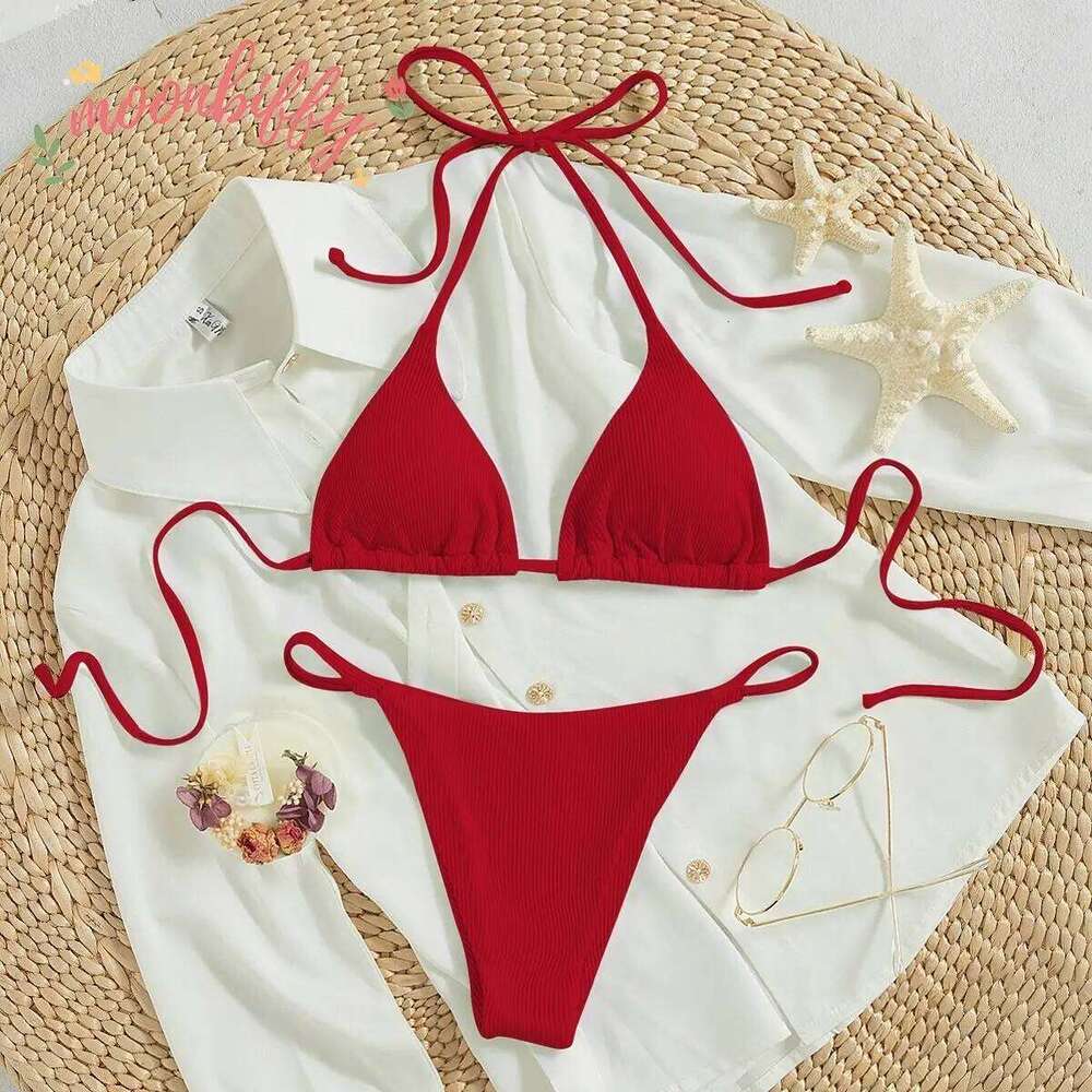Special Pit Stripe Fabric Set Women Sexy Simple Solid Halter Bikini Swimsuit High Waisted Lace Up Beach Bathing Suit Z260206