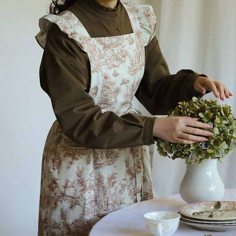 Long Print Water-resistant Cotton Ruffled Kitchen Apron with Pockets Women Cross-back Pinafore for Cooking Baking Gardening S260205