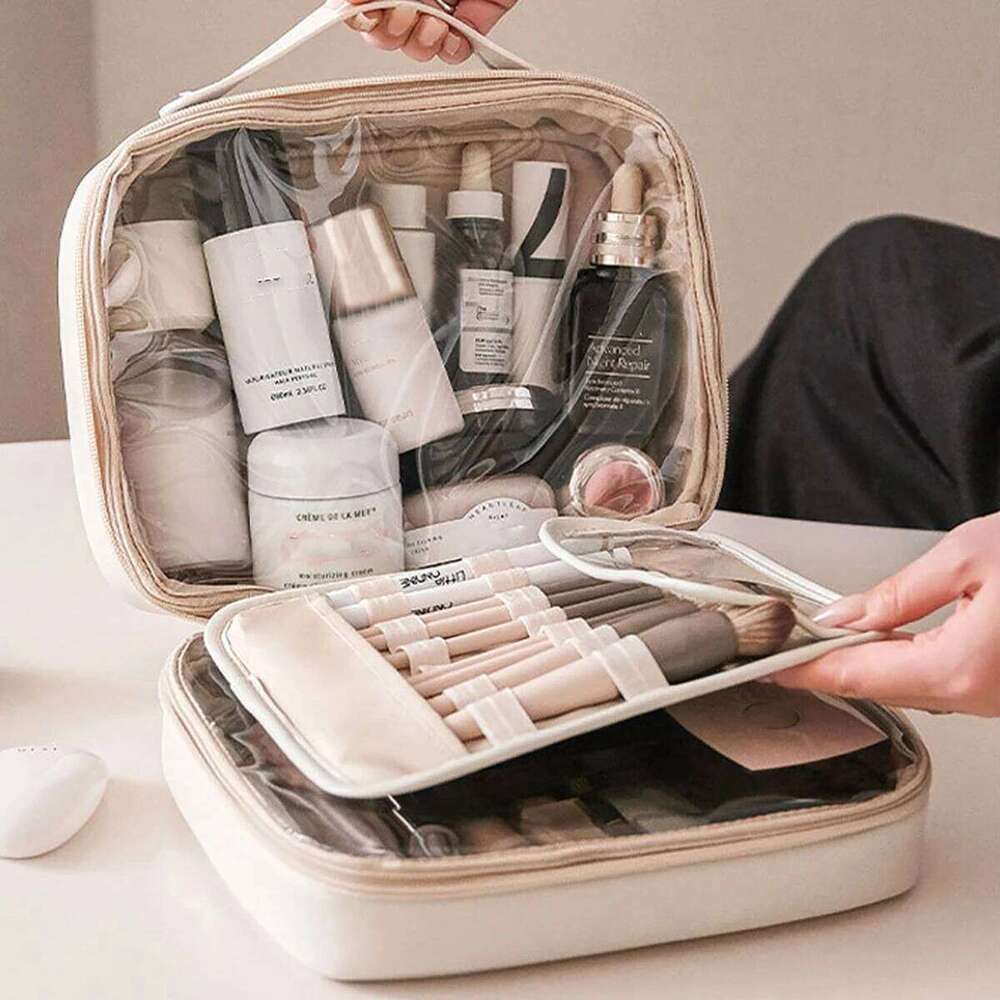 Multilayer Square Cosmetic Bag Waterproof PU Travel Makeup Pouch Y260206
