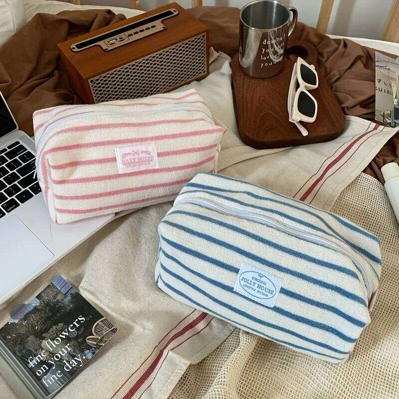 1pc Striped Makeup Bag Large Capacity, Travel Toiletry Organizer Pouch for Skincare Brushes, Women's Cosmetic Storage Y260206