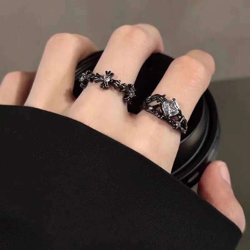 WANZHI 1/2PCS Gothic Black Cross Open Rings for Women and Men Exquisite Imbue Diamond Ring Fashion Jewelry Accessories Gifts W260206