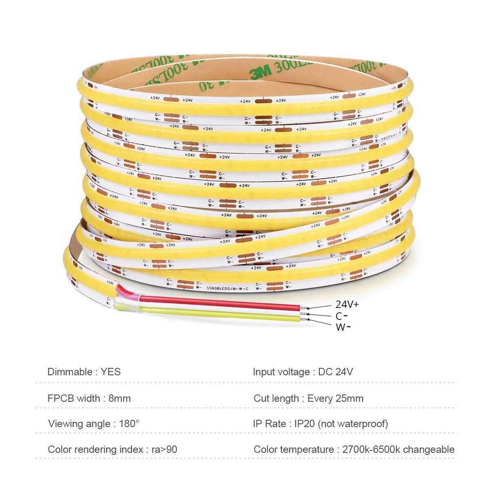 2700K - 6500K Changeable Linear Dimmable CCT COB LED Strip Light 608LEDs/M High Density Flexible Diode Tape Lamp 3M 5M 12V 24V Z260206