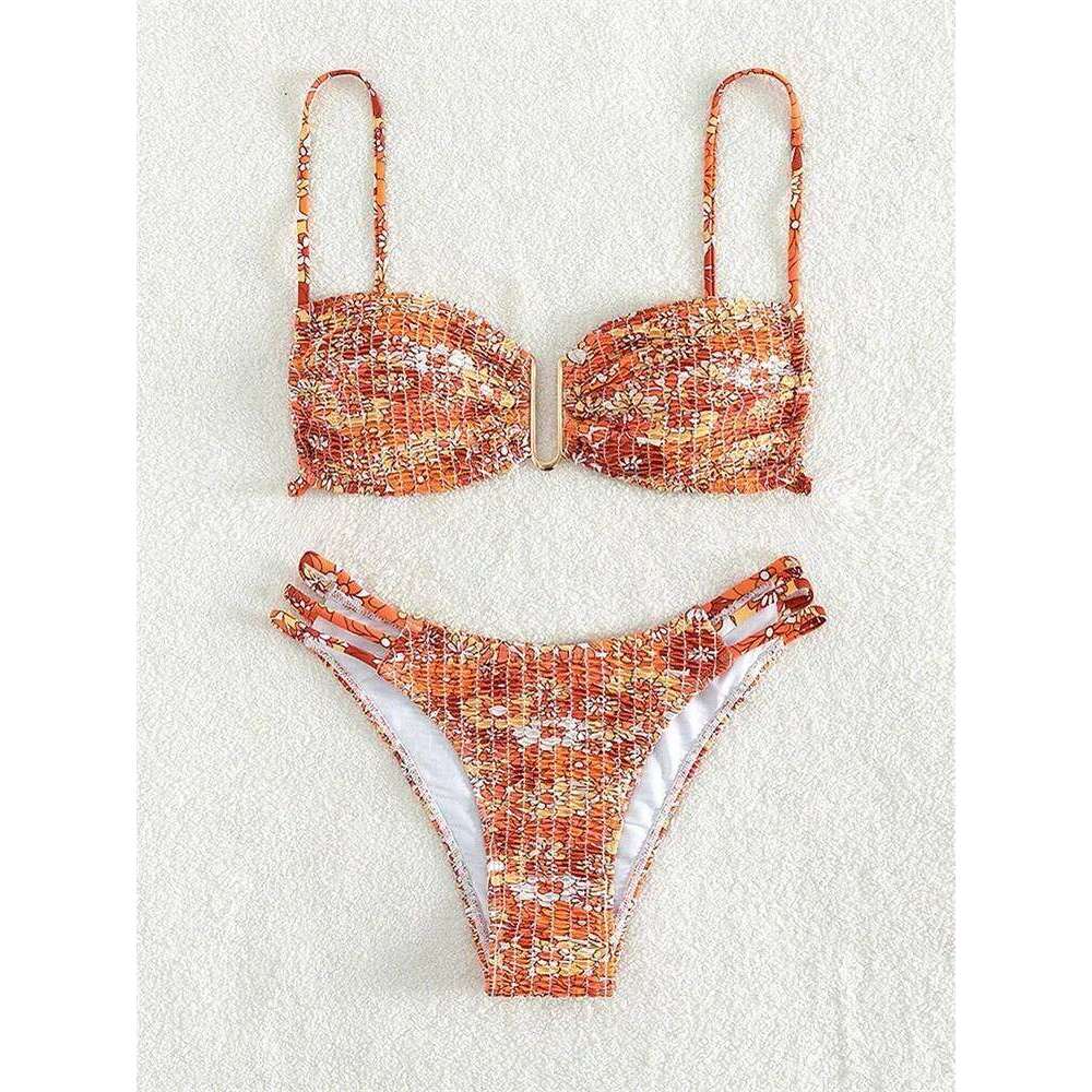 Sexy Pleate Bikini Women U Neck Push Orange Floral Print Micro Swimsuit 2025 Summer Bathing Suit Lace Up Thong Swimwear XJ260206