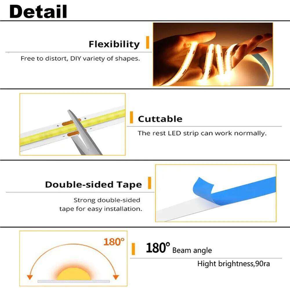 COB LED Strip Light 400LEDs/m High Density Flexible 8mm FOB Tape Lights Ribbon RA90 Warm Nature Cold White Dimmable DC5V Z260206