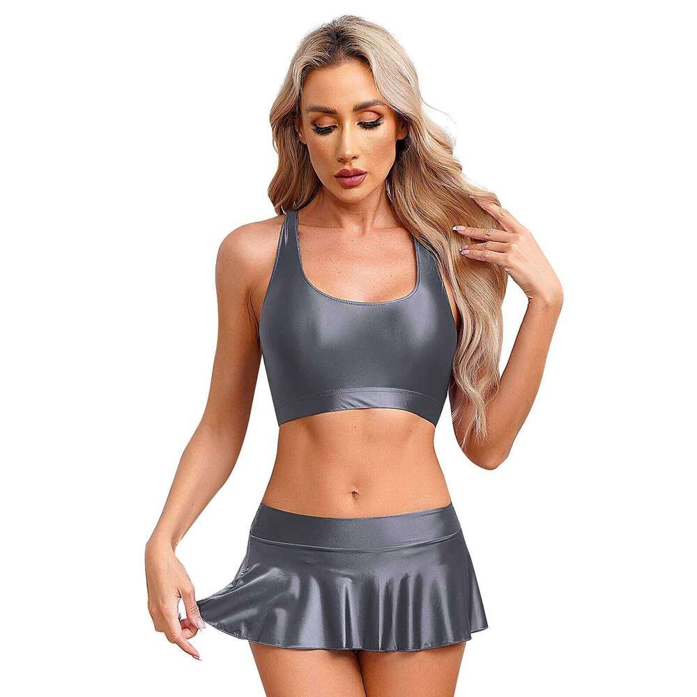 Womens Bikini Swimsuit Glossy U Neck Tank Tops Solid Color Swimwear Crop Top Vest Ruffled Skirt Miniskirt Gym Yoga Fitness XJ260206
