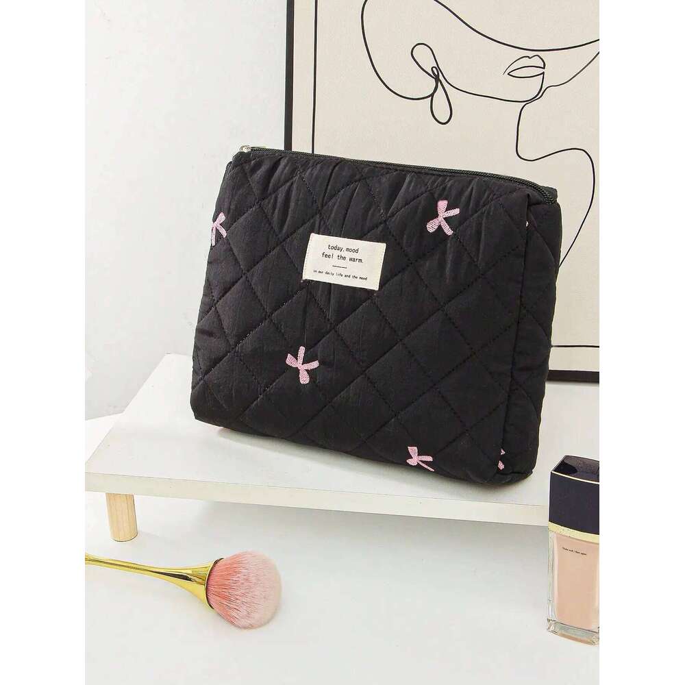 1 piece/set black bow quilted large capacity zipper bag, multifunctional travel storage makeup bag Y260206