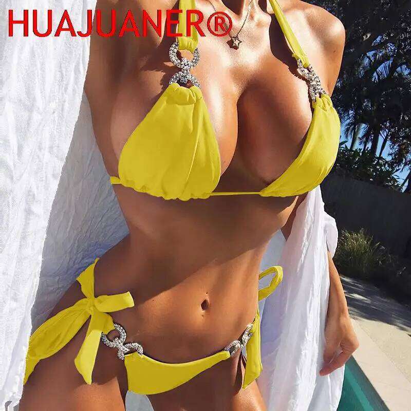 2024 New Diamond Halter Swimsuit Bandage Swimwear Women Separate Bathing Suit Female Beach Bikini Set Low Waist XJ260206