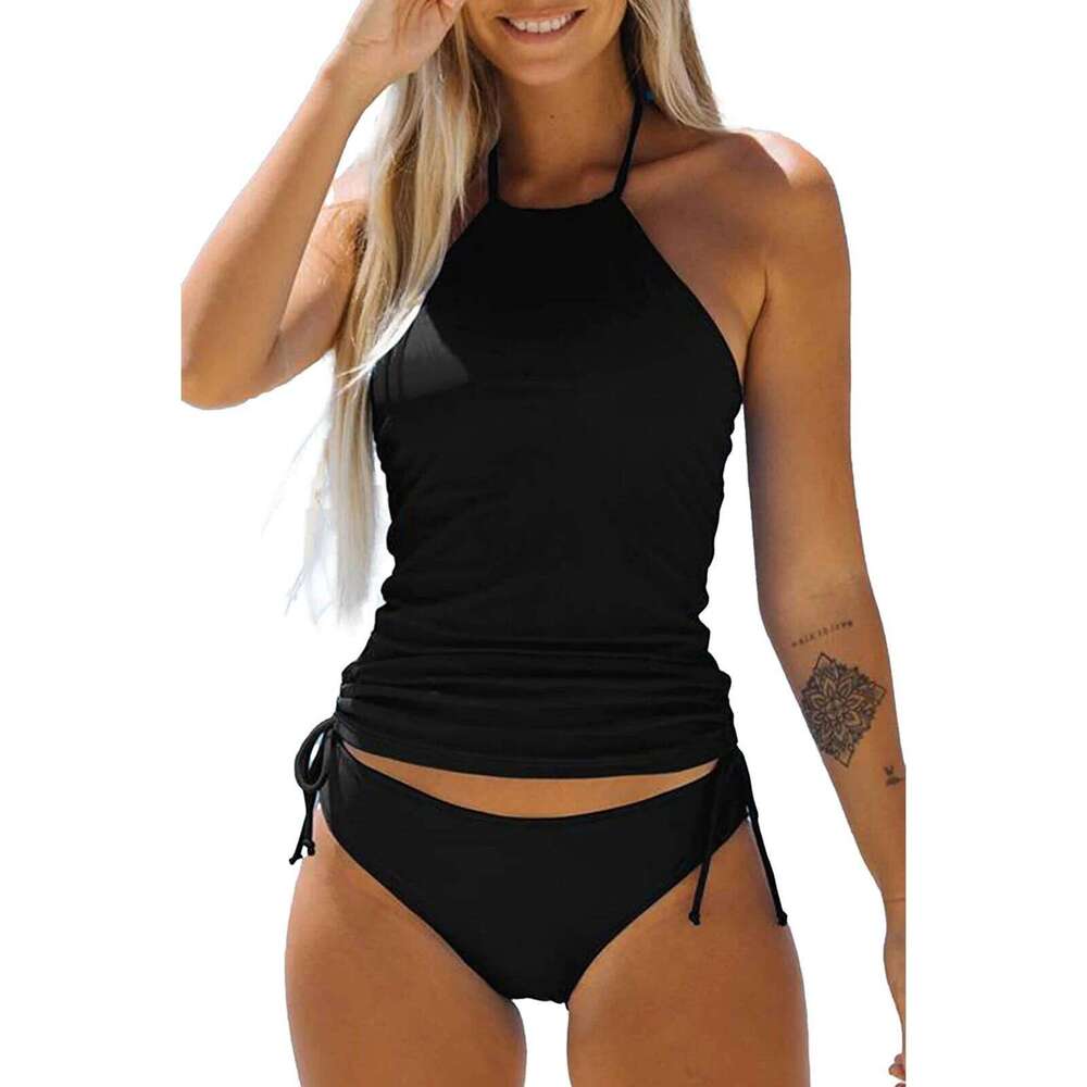 New Basics Charming Women Bikini Set, Neck Hanger Sleeveless Backless Crop Tops Solid Color Panties for Summer Z260206