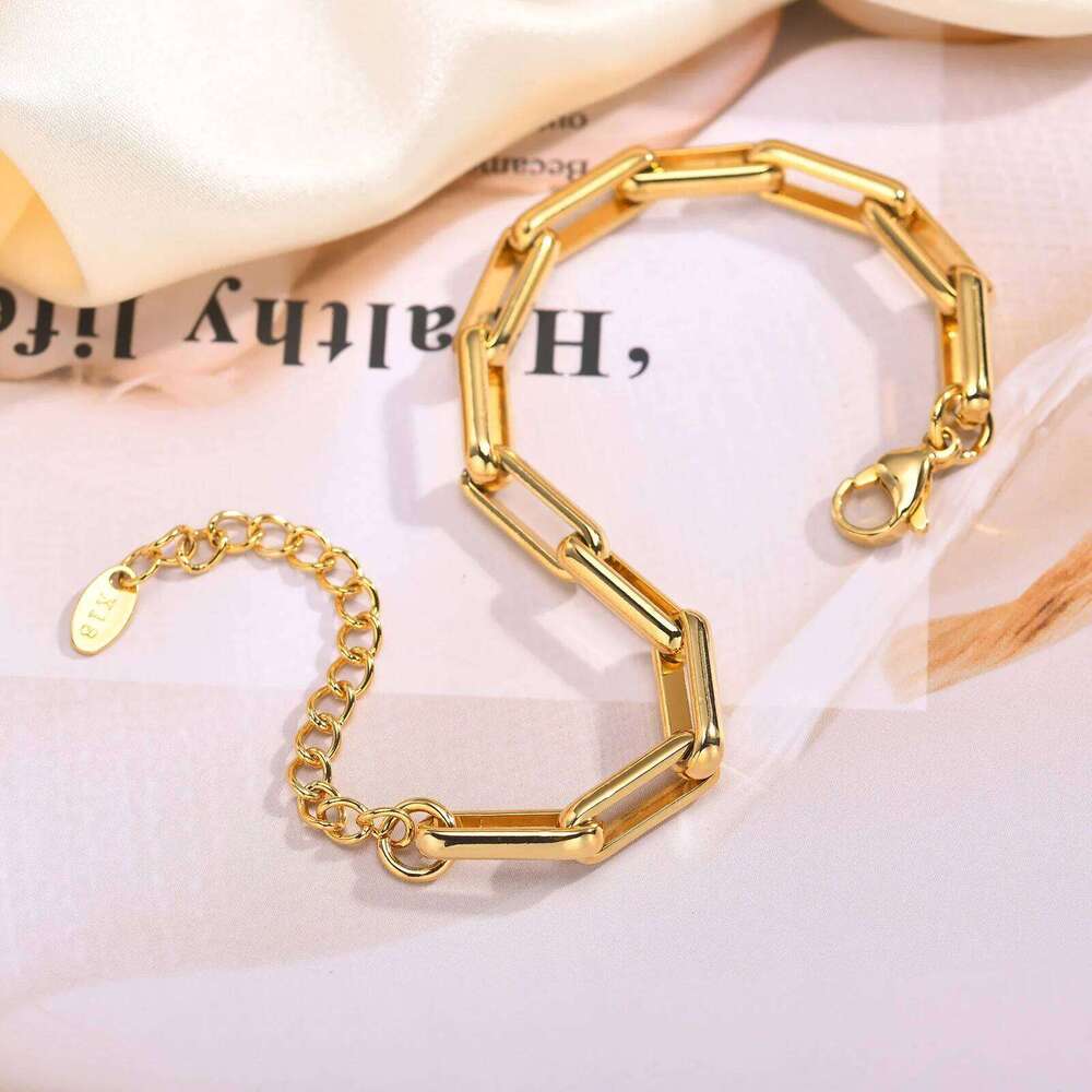 6mm Paperclip Chain Bracelet 18k Gold Plated Stainless Steel Link Adjustable Stackable Jewelry for Women Girls Gift 26H0206