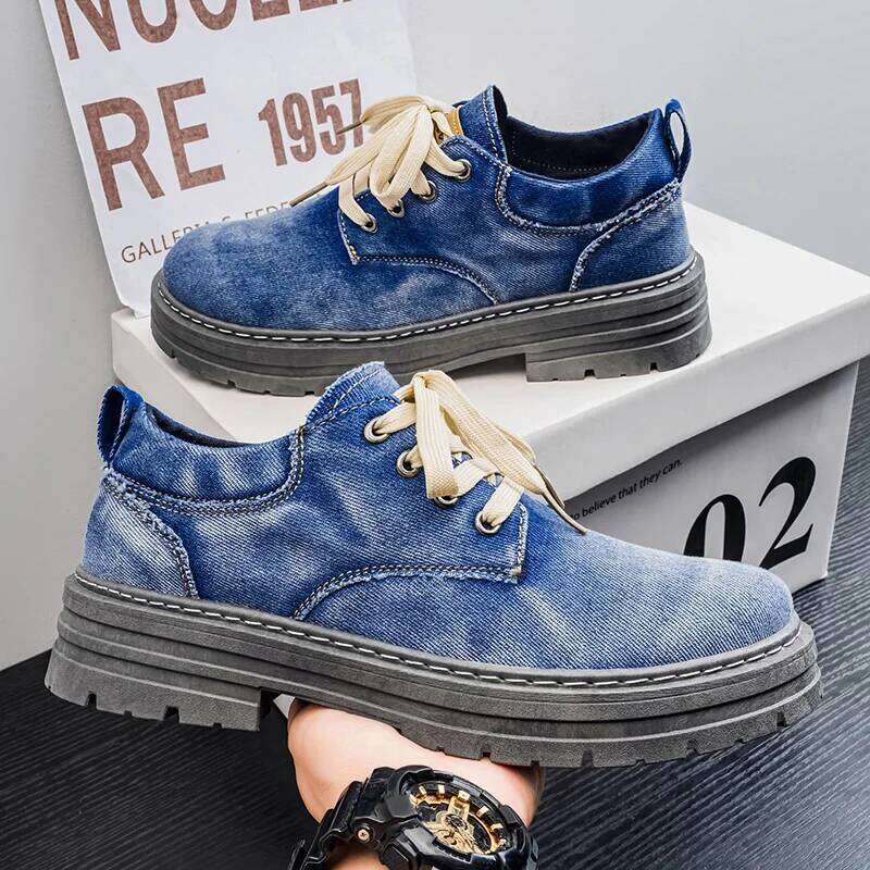 Spring Autumn New Style Denim Retro British Men's Shoes, Thick-Soled, Large Size, Versatile Low-Top Short Boots, Fashionable and Durable Casual S