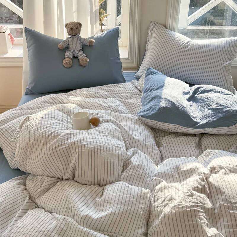 Soft Washed Bedding Set Striped Style Duvet with Quilt Cover Bedsheet Pillowcase 100% Cotton Bed Sheet Sets XJ260206