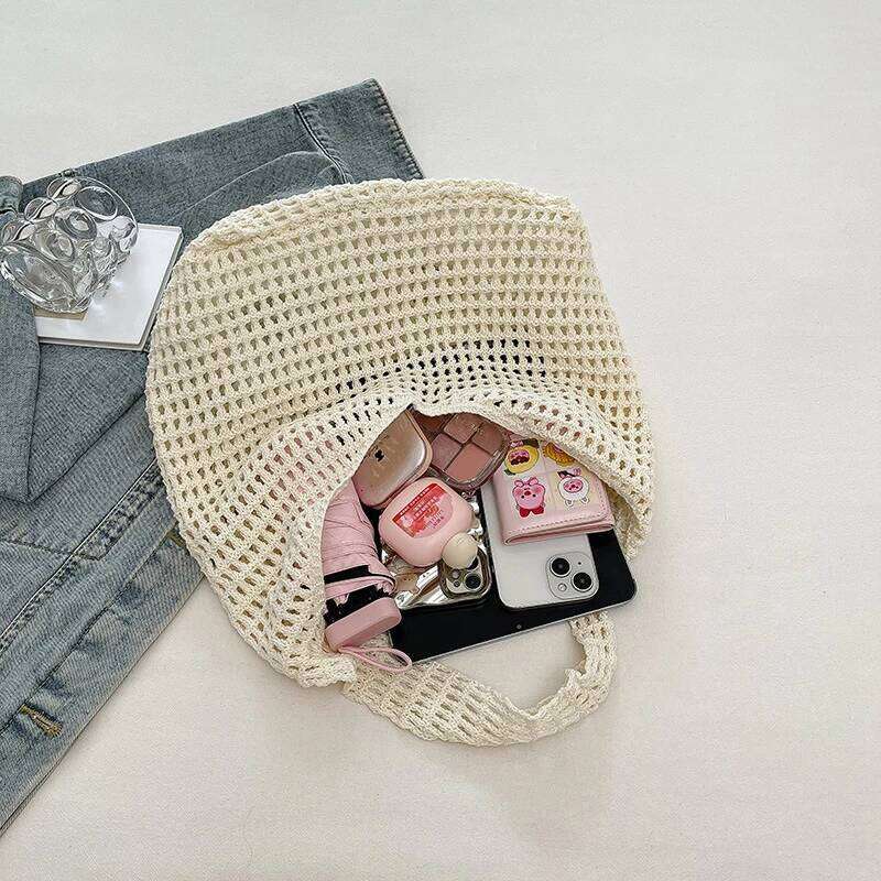 New Sweet Crochet Shoulder Leisure Beach Hollow Out Handbag Women Solid Color Woven Totes Bag For Travel Y260205