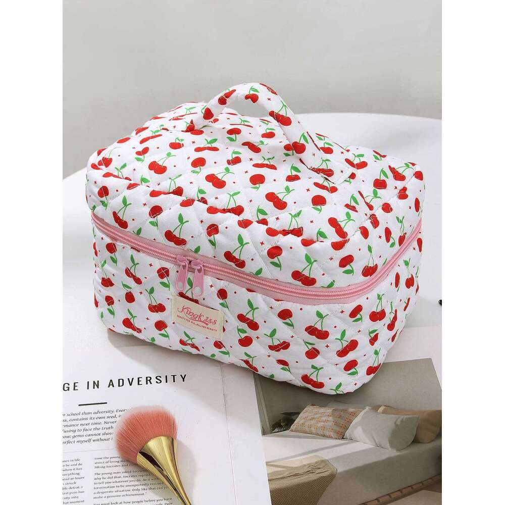 3-piece green leaf and big cherry quilted essential travel bag, cute large-capacity makeup bag Y260206