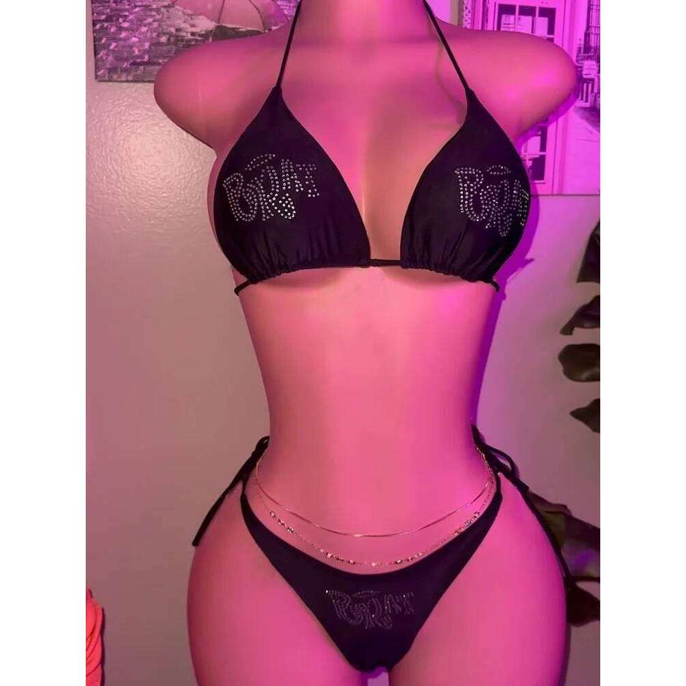 2000s Woman Punk New Beach Swimwear gothic clothes BRAT Rhinestone printing Grunge Swimsuit Bikini Y2K Bathing Suits Lace Up Z260206