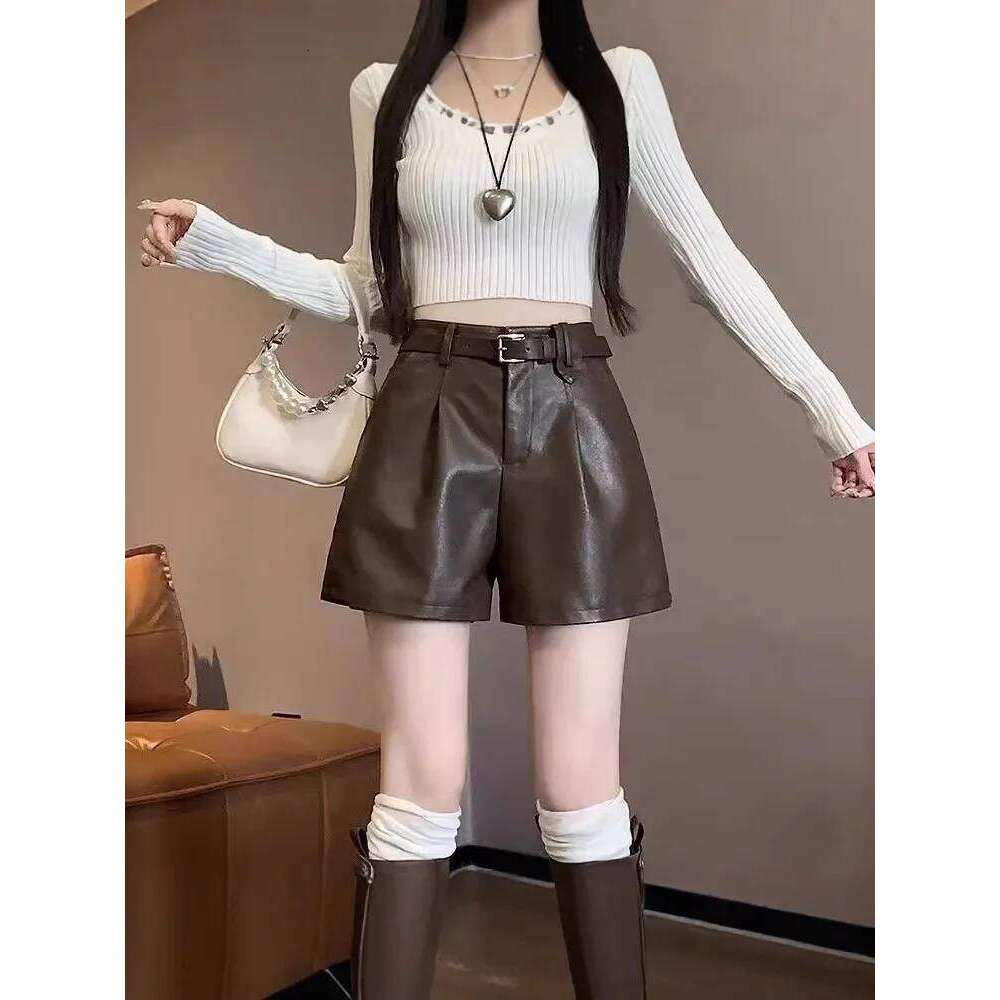 Autumn Winter PU Leather Wide Leg Short Women's High Waist Slimming Design Casual Loose Base Layer Bootcut Pants XJ260206