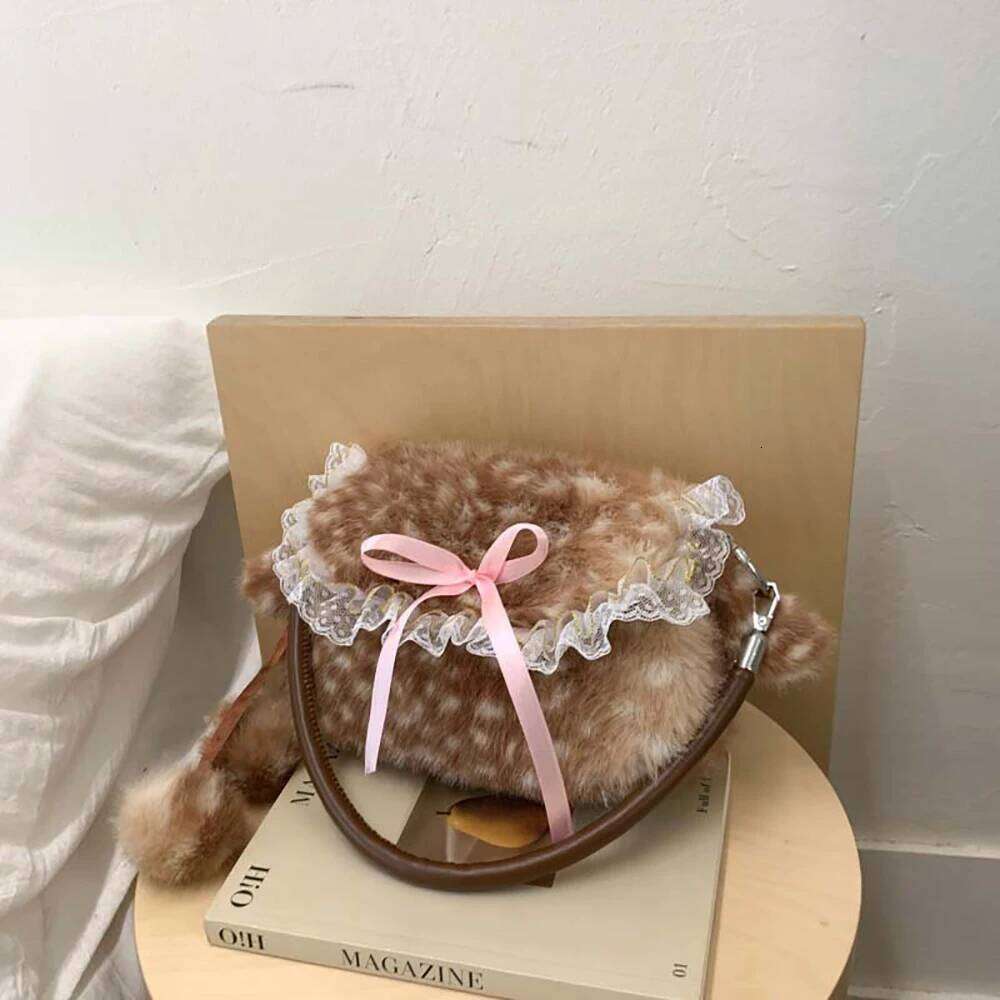 2025 Winter New Lace Bow Plush Bag for Women Cute Dots Soft Buckle One Shoulder Underarm Bags Shopping All-Match Messenger Packs Y260205