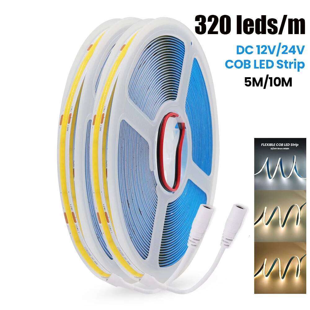 5M 10M/Roll COB Strip DC 12V 24V 320Leds/M 4000K 6000K Warm Natrual White High Density Flexible Ribbon Rope FOB LED Light Z260206