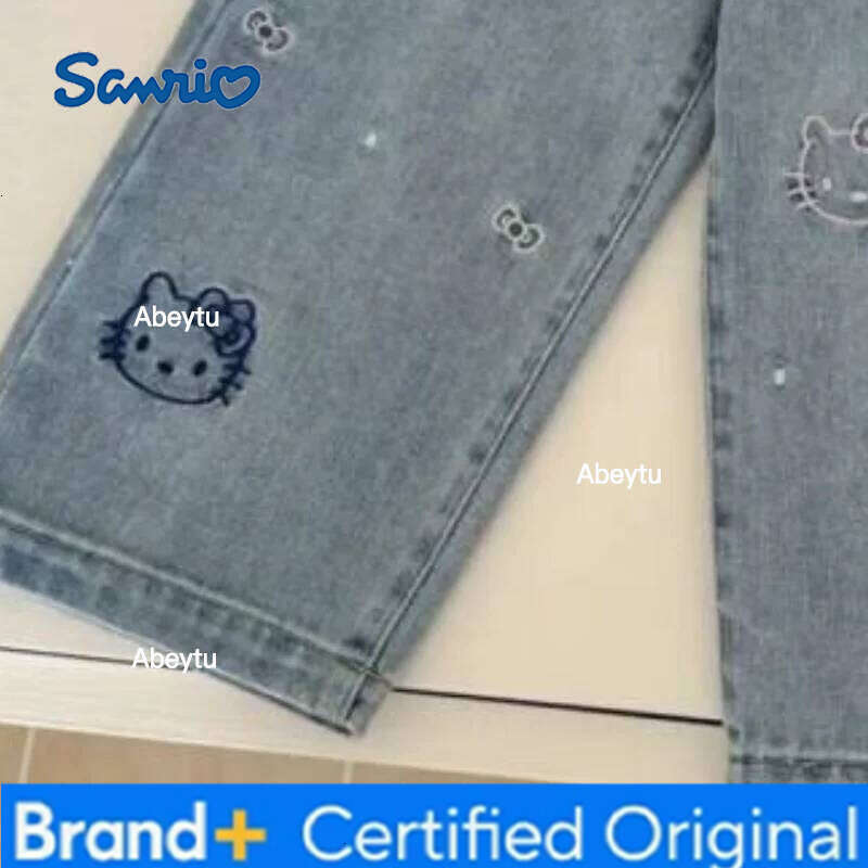 Sanrio Hello Kitty Straight Leg Jeans Girls Casual Spring 2025 New Cartoon Cute Kitten Embroidery Trendy Fashion Denim Pants H260206