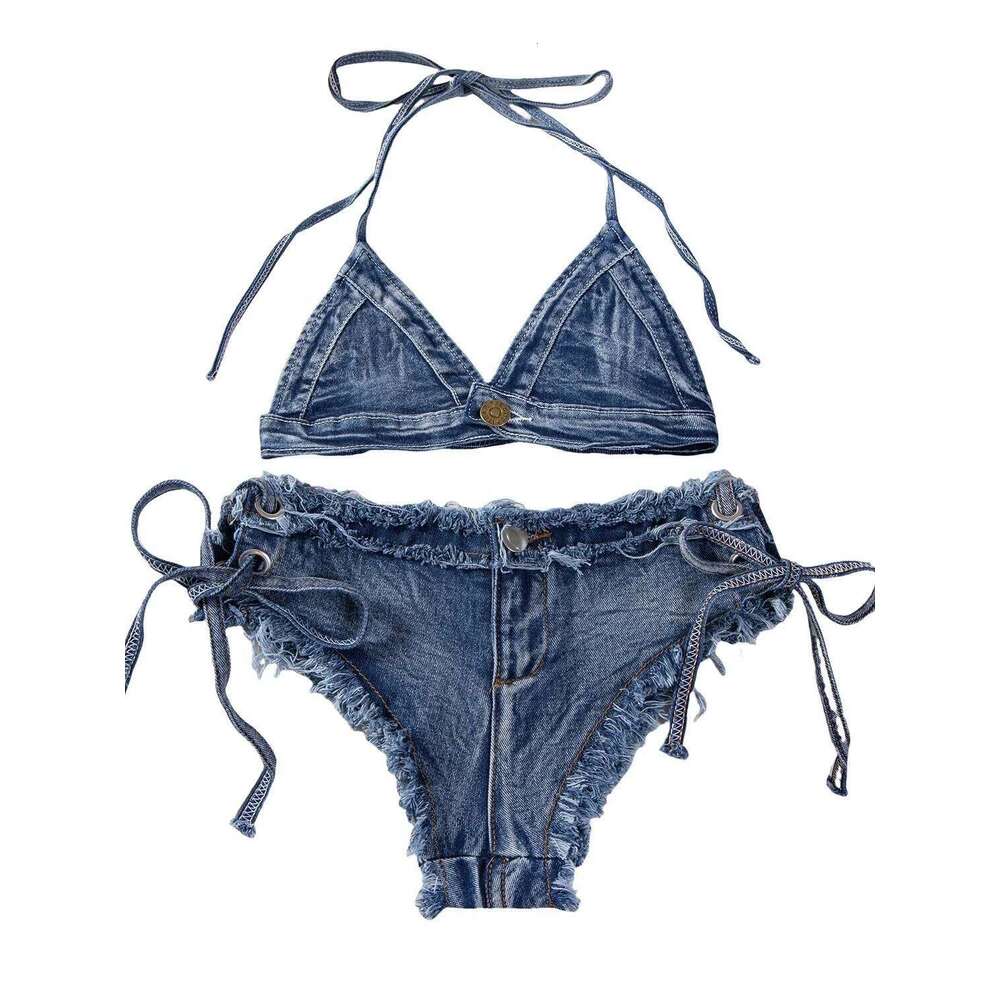 DEKA Brazilian Denim Bathing Suit Women Suits Bikini Set Lace Up Drawstring Beachwear Solid Summer Vintage Two-pieces Swimwear XJ260206