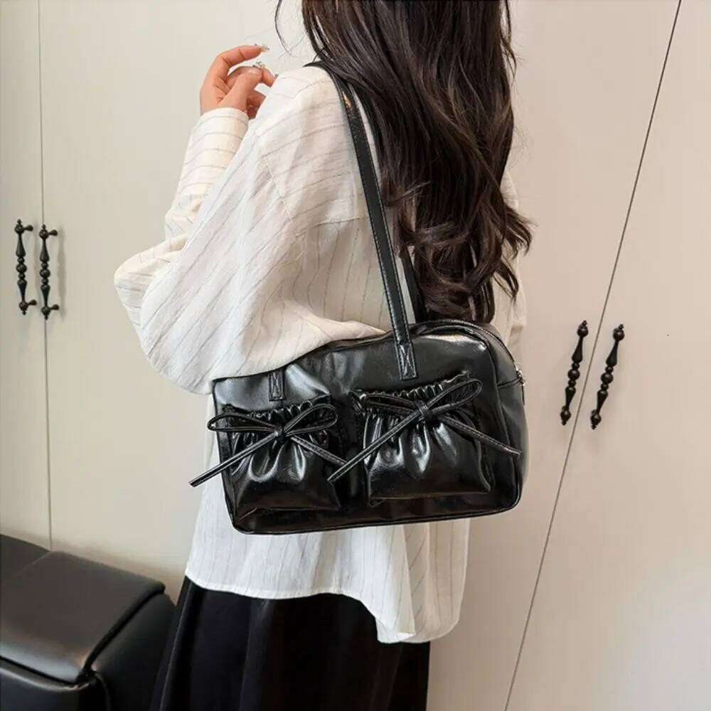 Fashion PU Leather Shoulder Solid Color Bowknot Underarm Bag Large Capacity Portable Handbag for Women Y260205