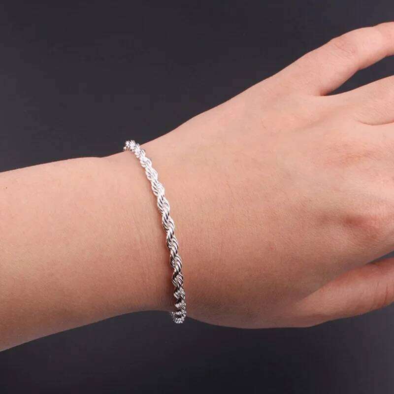 Silver 4MM Twisted Rope Bracelets For Women Men Fashion Minimalist Couple Chain Bracelet Male Unisex Jewelry Gifts 26H0206